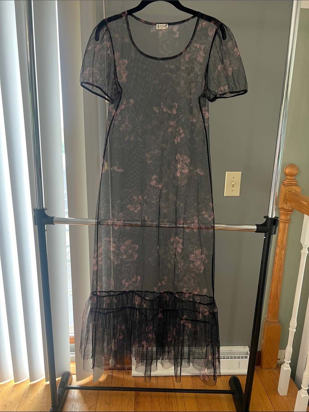 Free People Black Sheer Floral Maxi Dress with Pink Blossoms